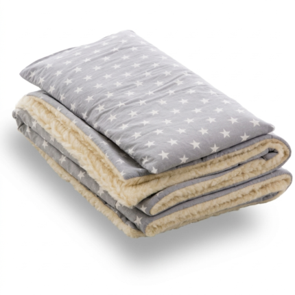 Set nanna per bambini Victorest StellaMerinos con cuscino in memory foam e coperta in pura lana merino con motivo a stelline.